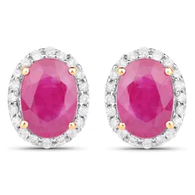 14K Yellow Gold 2.06 Carat Genuine Ruby and White Diamond Earrings