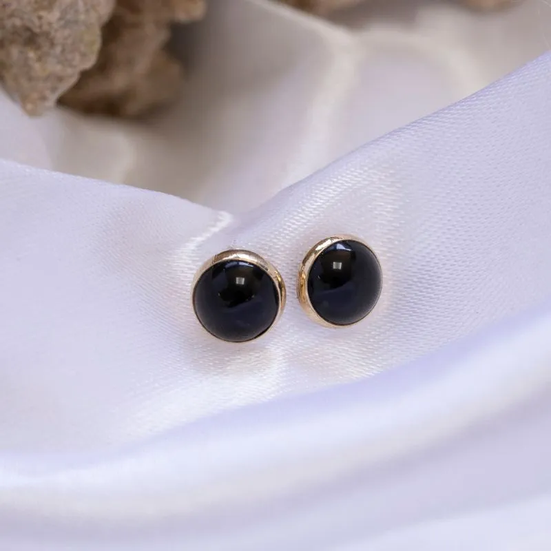 14K Yellow Gold Round Black Onyx 6mm Stud Earrings