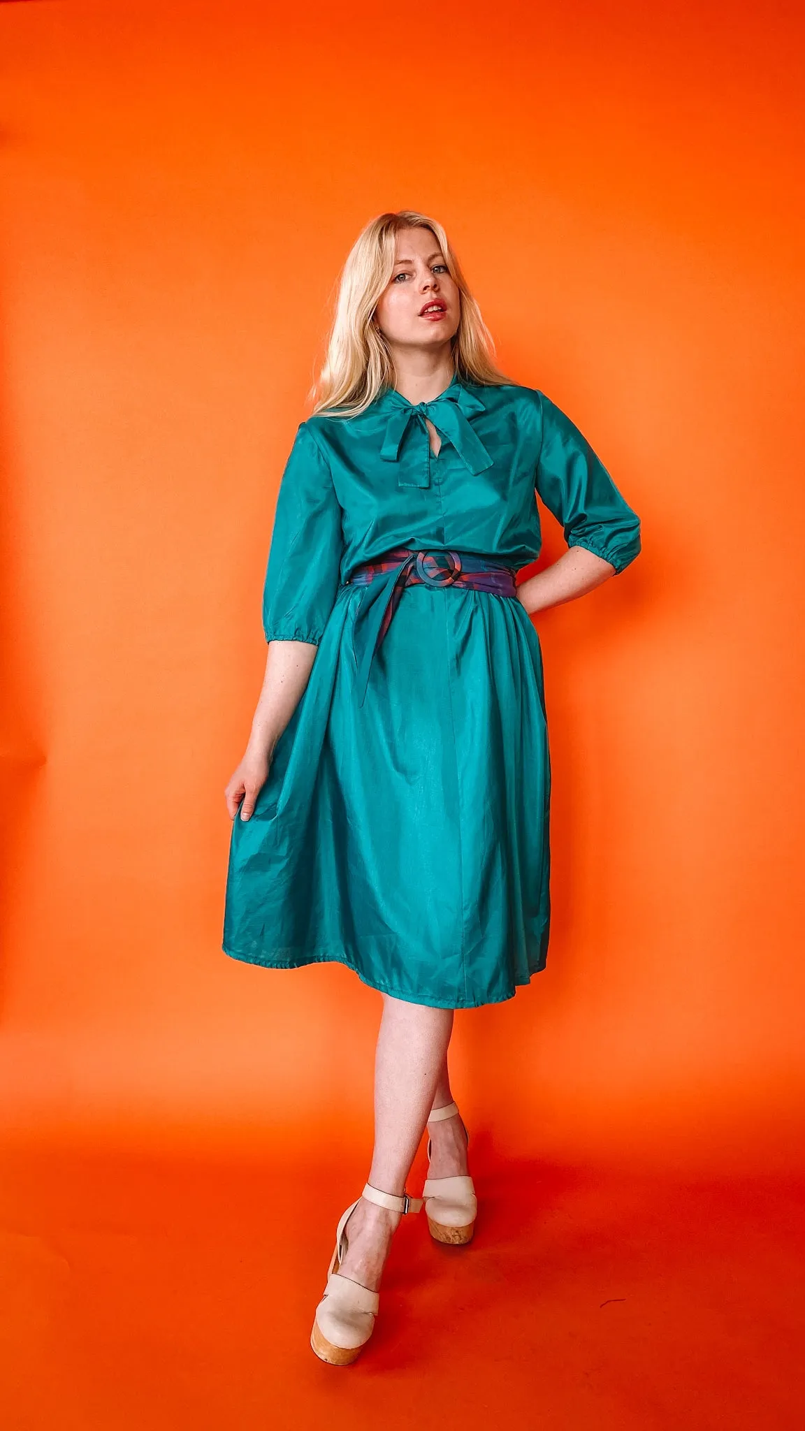 1980s Teal Belted Midi Dress, sz L