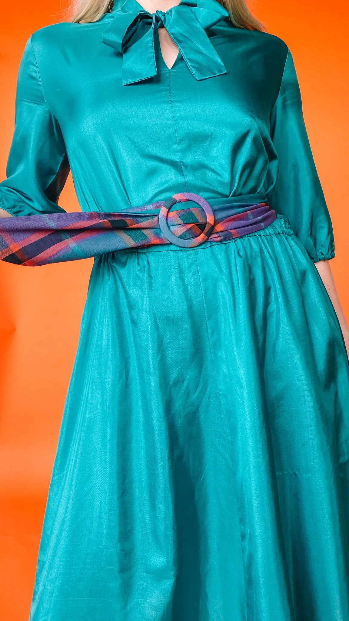 1980s Teal Belted Midi Dress, sz L