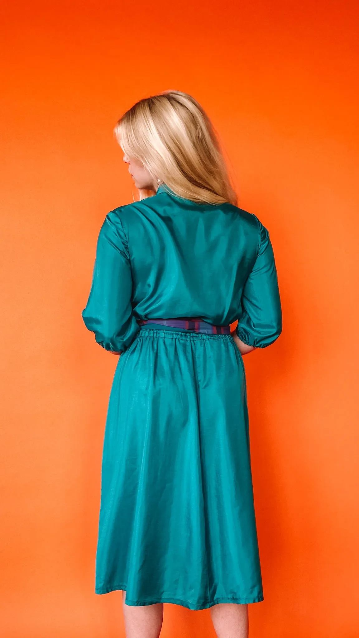 1980s Teal Belted Midi Dress, sz L