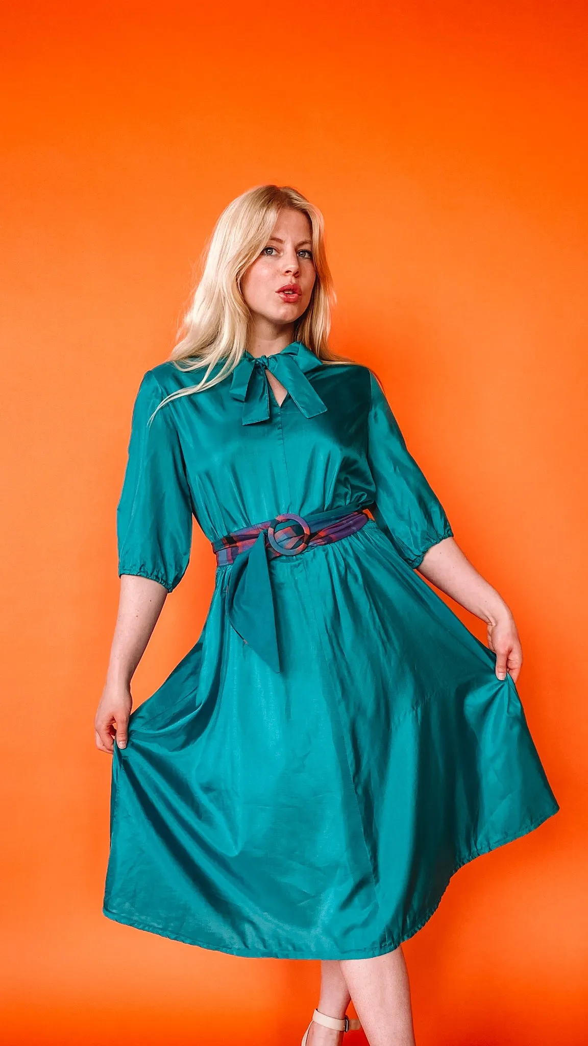 1980s Teal Belted Midi Dress, sz L