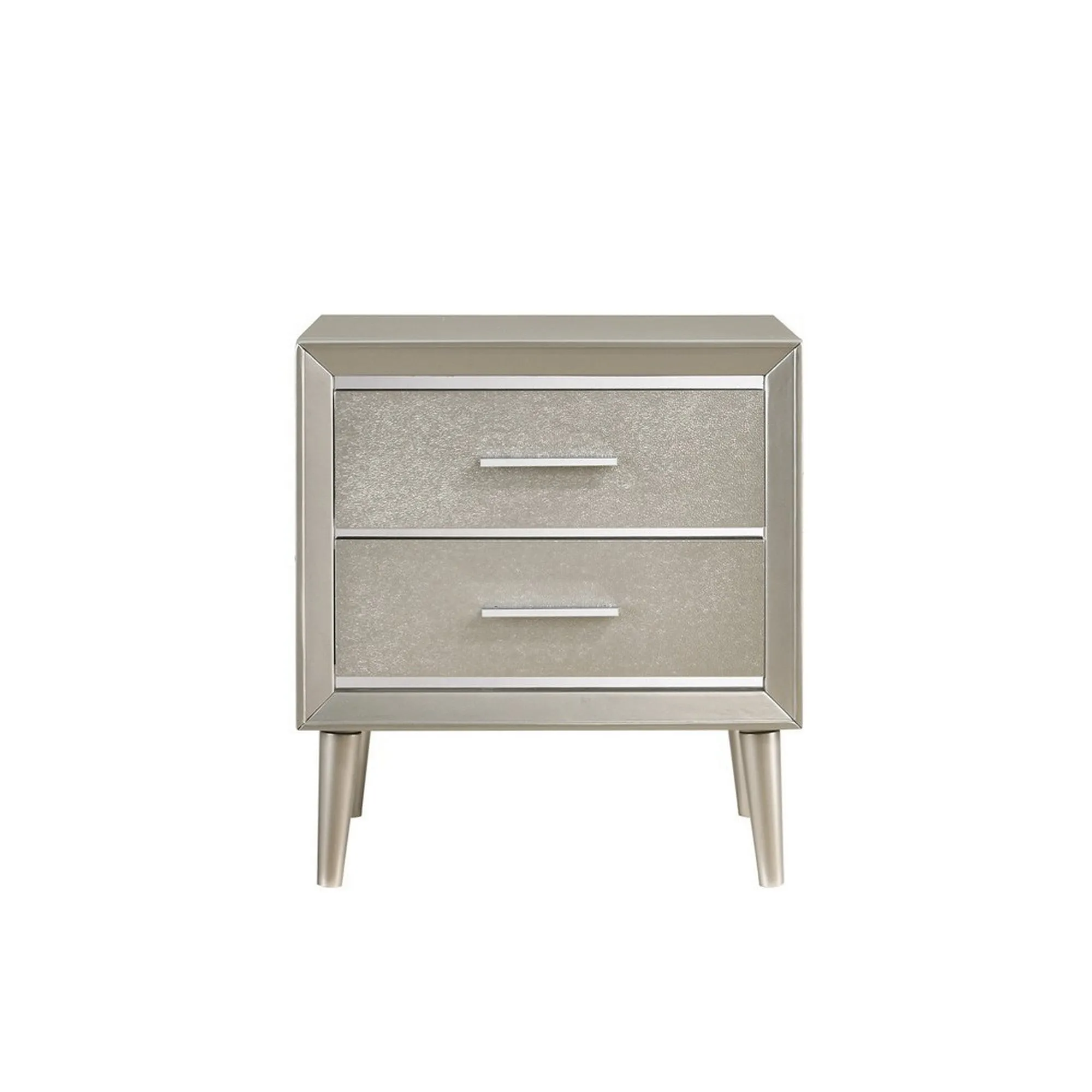 2 Drawer Contemporary Nightstand With Bar Handles And Splayed Legs, Silver By Benzara