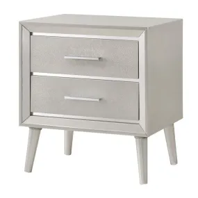 2 Drawer Contemporary Nightstand With Bar Handles And Splayed Legs, Silver By Benzara