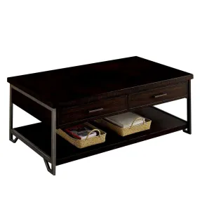 2 Drawer Wooden Coffee Table With Open Shelf, Dark Brown By Benzara