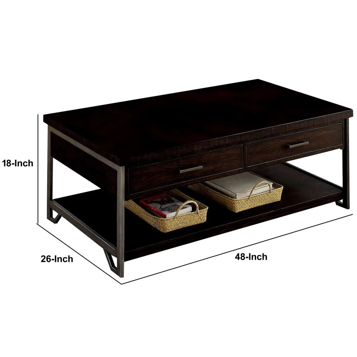 2 Drawer Wooden Coffee Table With Open Shelf, Dark Brown By Benzara