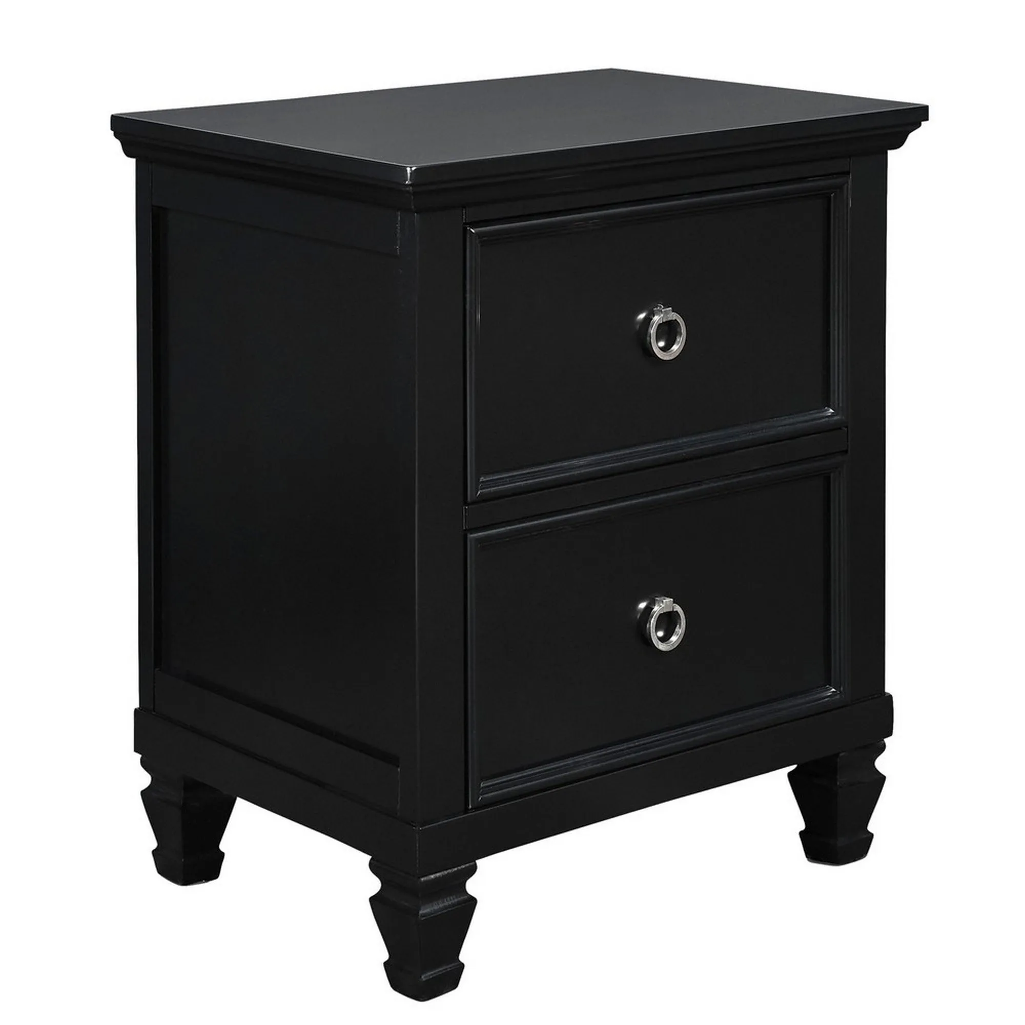 2 Drawer Wooden Nightstand With Tapered Legs And Metal Rings, Black By Benzara