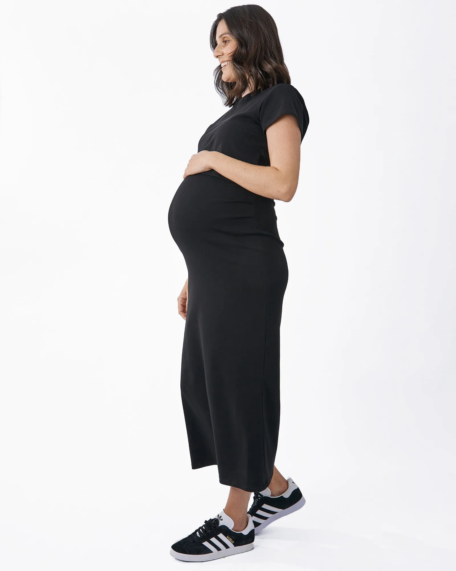 2 piece Maternity Ribbed  Midi Dress with Short Sleeve Set - Black