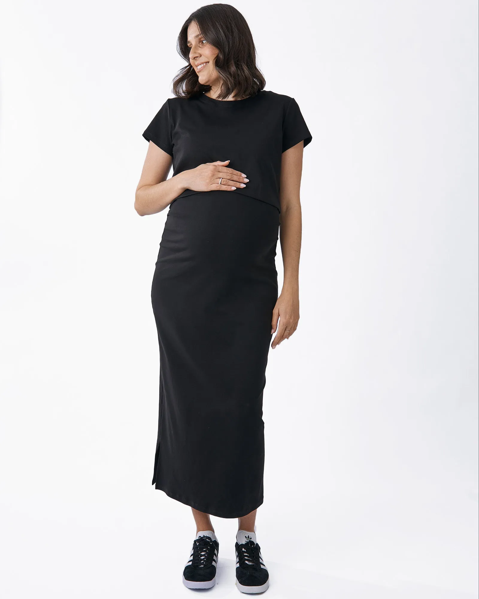 2 piece Maternity Ribbed  Midi Dress with Short Sleeve Set - Black