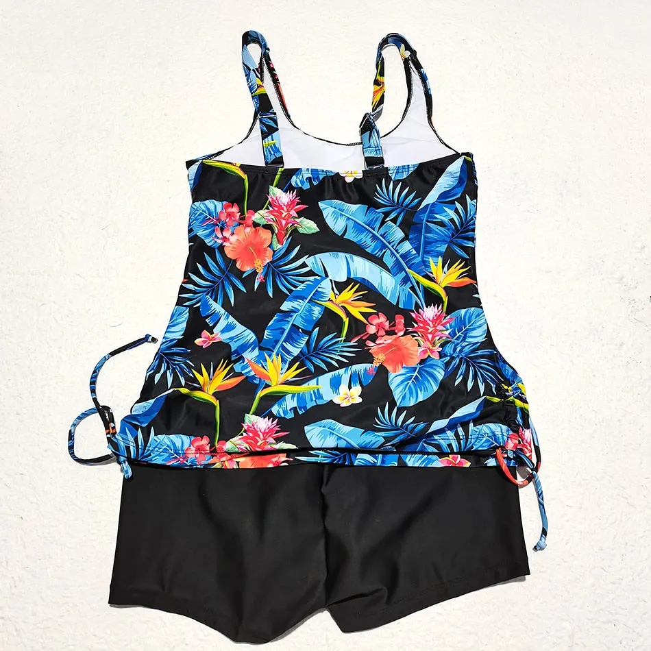 2 Pieces Floral Printed Tankini and Solid Color Shorts Swimwear for Women