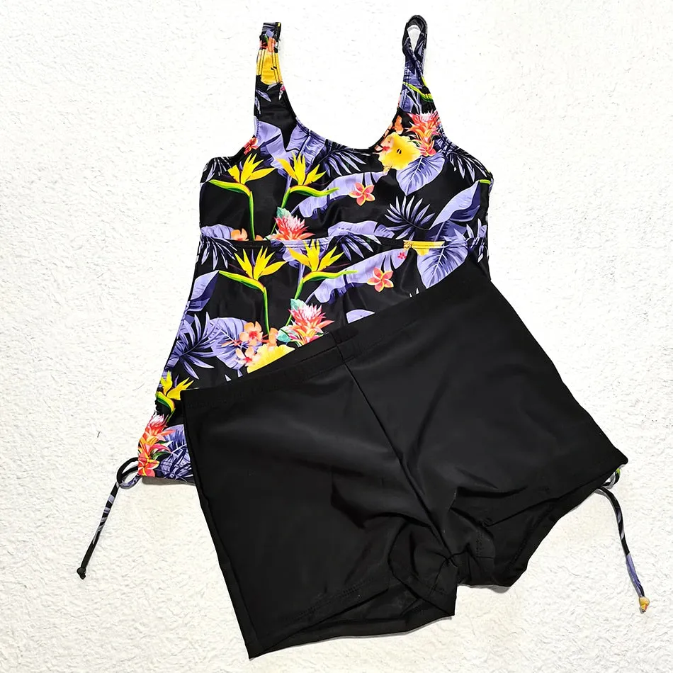 2 Pieces Floral Printed Tankini and Solid Color Shorts Swimwear for Women