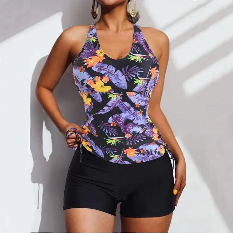 2 Pieces Floral Printed Tankini and Solid Color Shorts Swimwear for Women