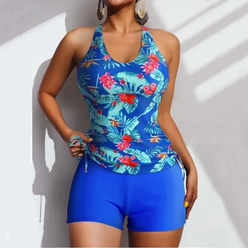 2 Pieces Floral Printed Tankini and Solid Color Shorts Swimwear for Women