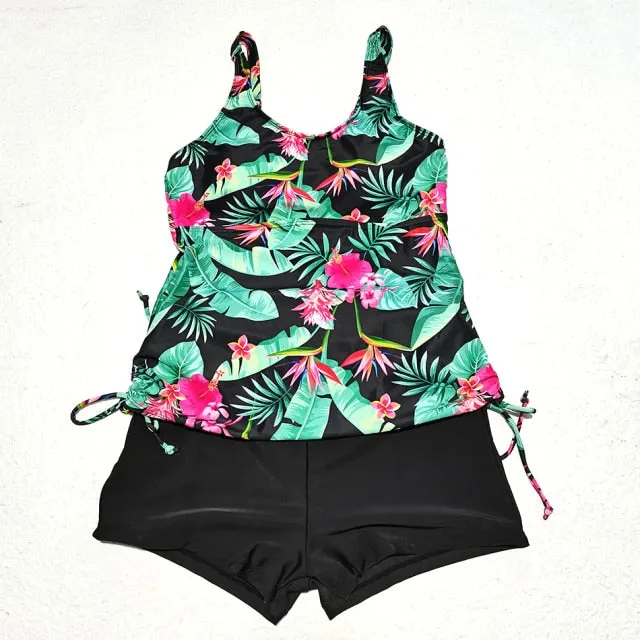 2 Pieces Floral Printed Tankini and Solid Color Shorts Swimwear for Women