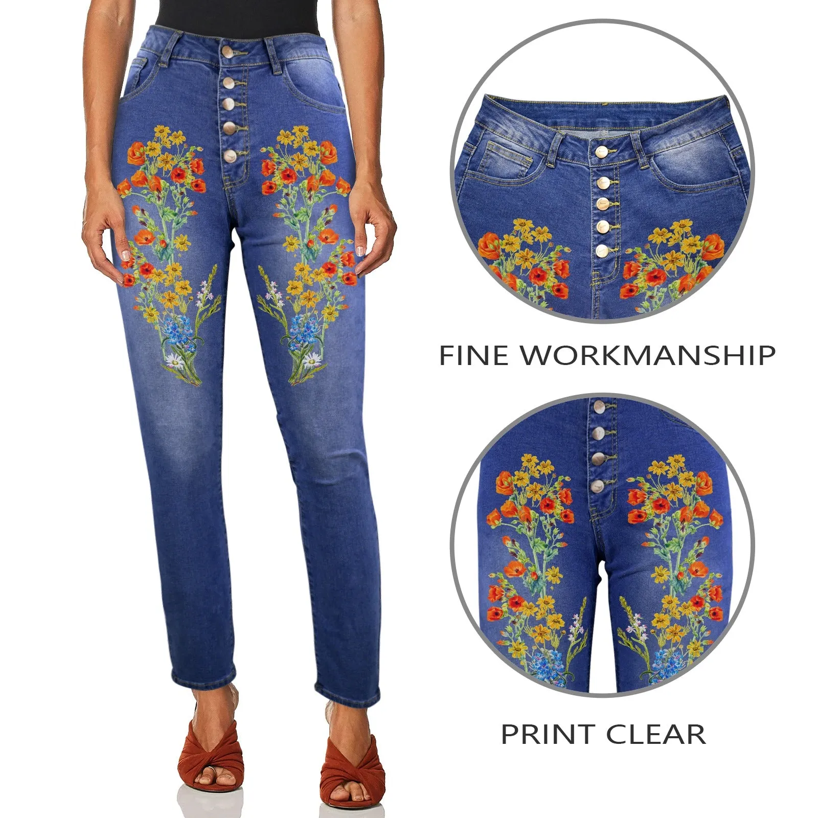 2 Pink Watermelon Wildflower Floral print copy Women's Jeans (Front Printing) (Model L75)