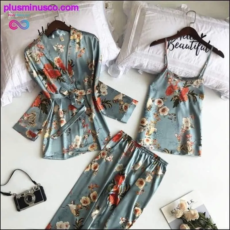 3 Pcs Printing Women Robe Sets Spaghetti Strap Cardigan Pant