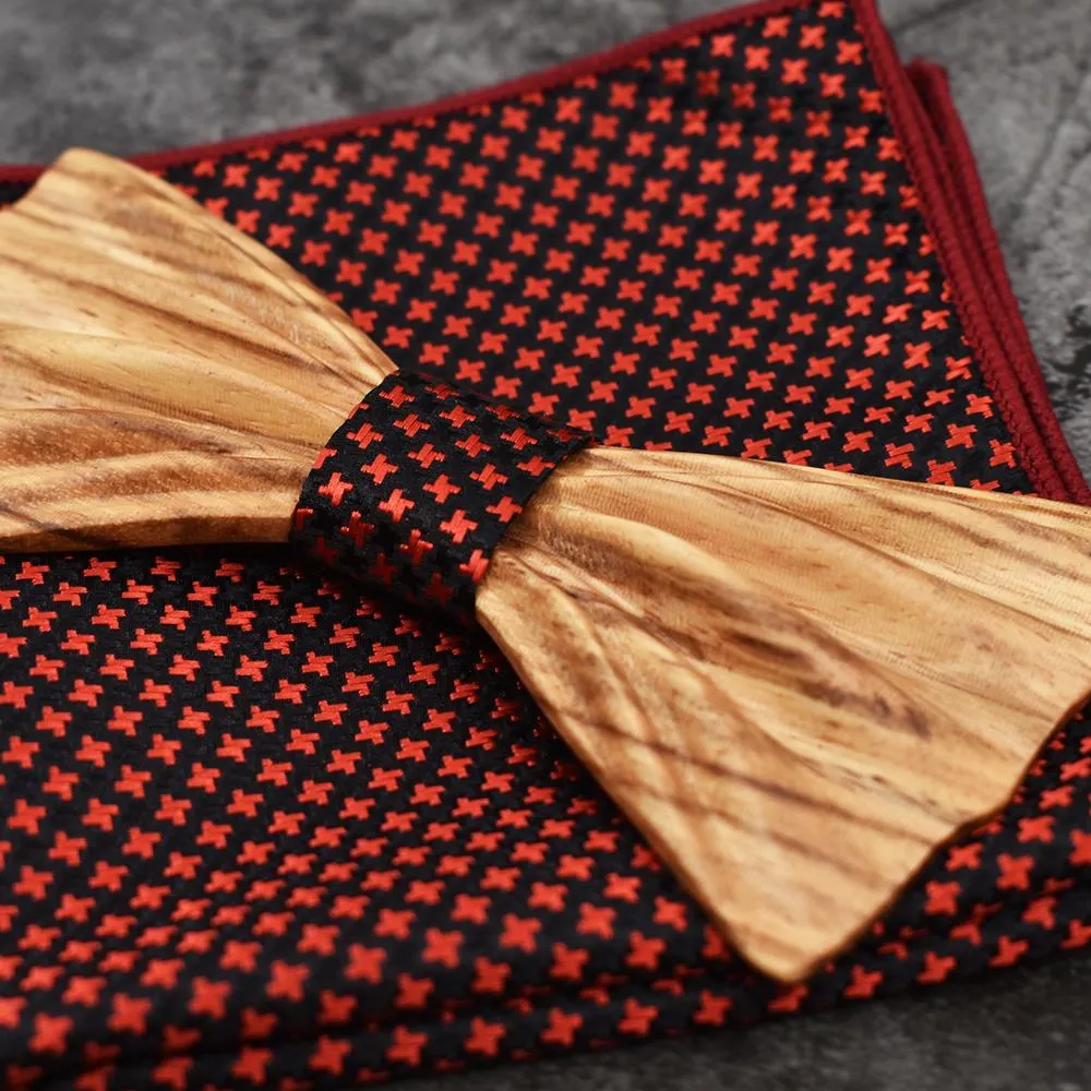 3D Unisex Pocket Square Wooden Bowtie Set for Wedding Business Suit