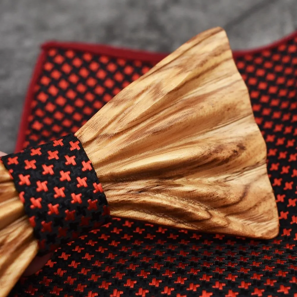 3D Unisex Pocket Square Wooden Bowtie Set for Wedding Business Suit