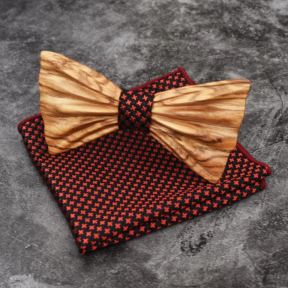 3D Unisex Pocket Square Wooden Bowtie Set for Wedding Business Suit