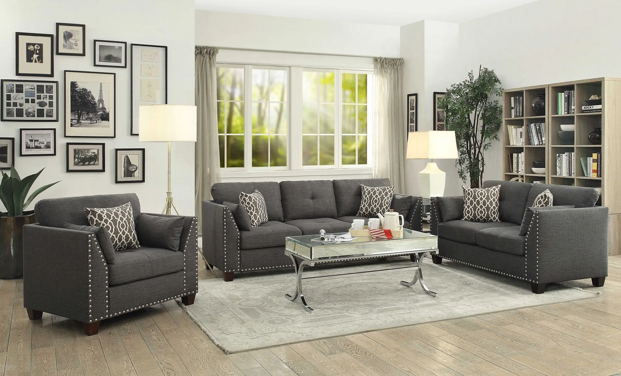 81 Charcoal Linen and Dark Brown Sofa and toss pillows