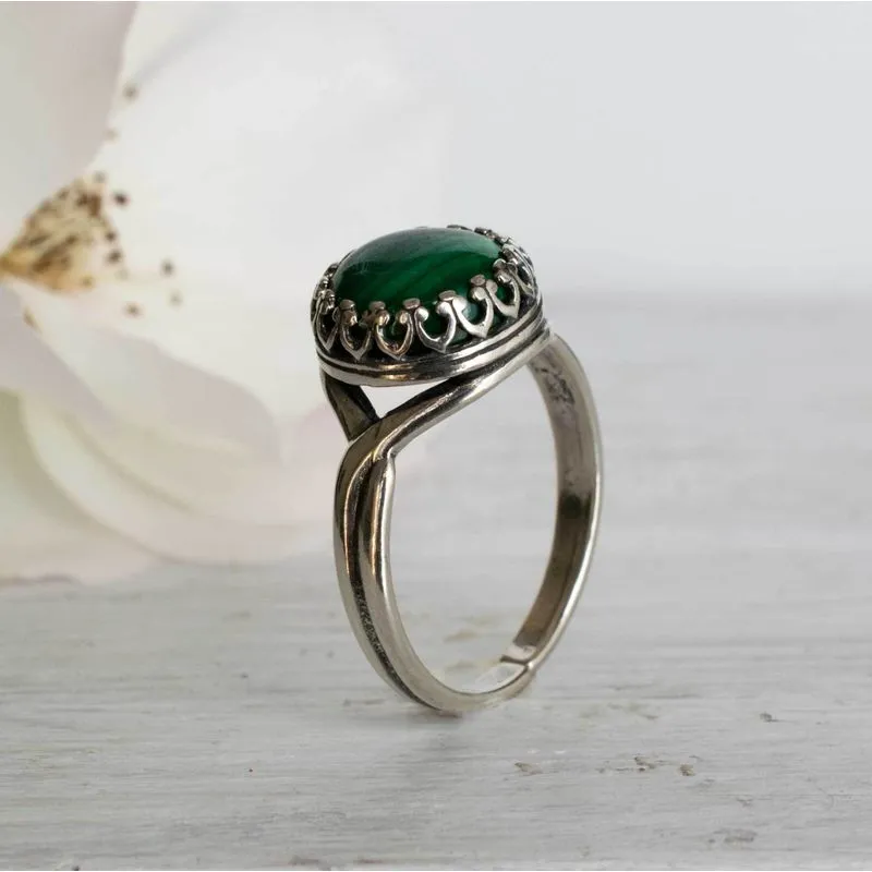 925 Sterling Silver Round Green Malachite 10mm Ring