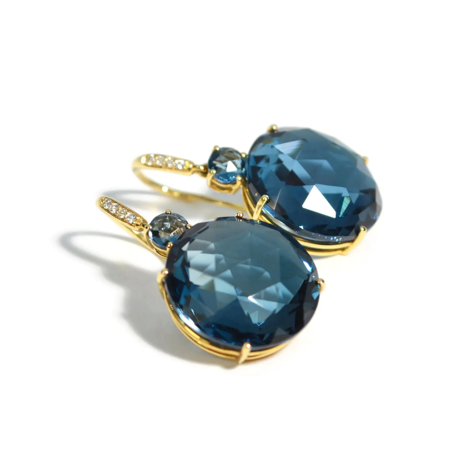 A & Furst - Lilies- Drop Earrings with London Blue Topaz and Diamonds, 18k Yellow Gold