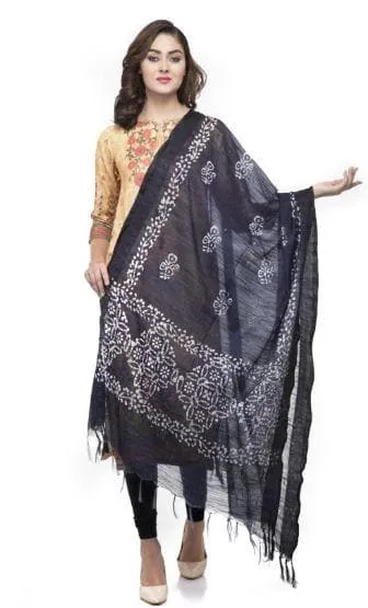 A R Silk Women's Cotton Batik Print Navy Blue Regular Dupatta