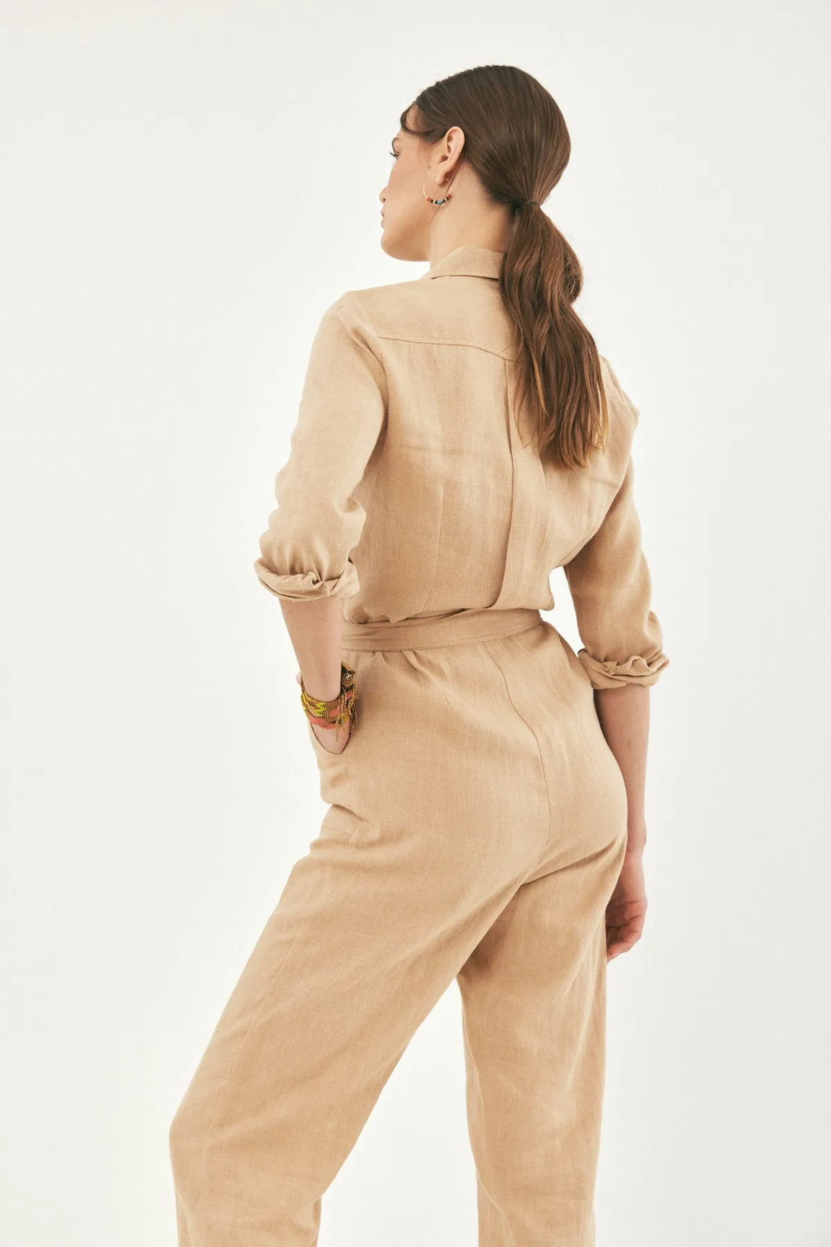 ALONA BELTED NATURAL LINEN JUMPSUIT