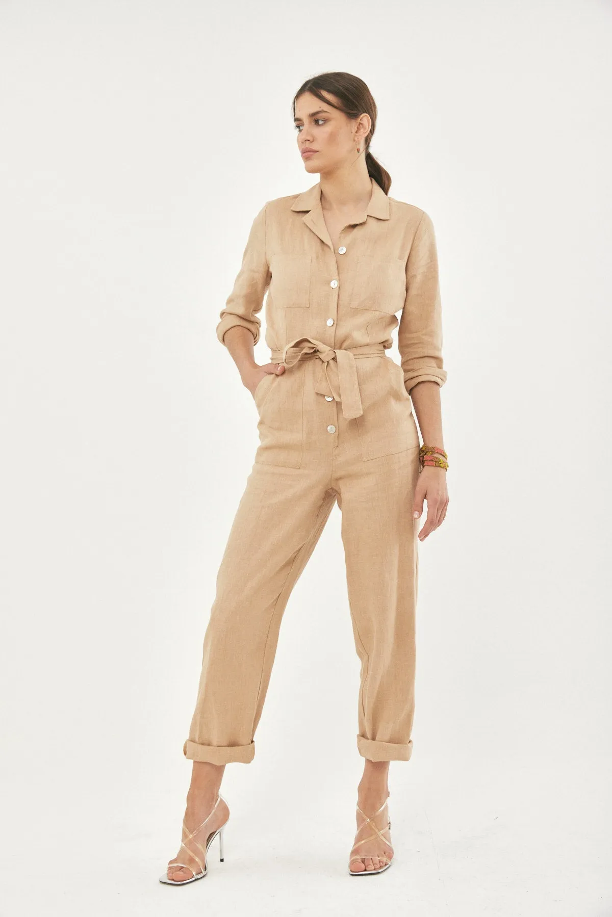 ALONA BELTED NATURAL LINEN JUMPSUIT