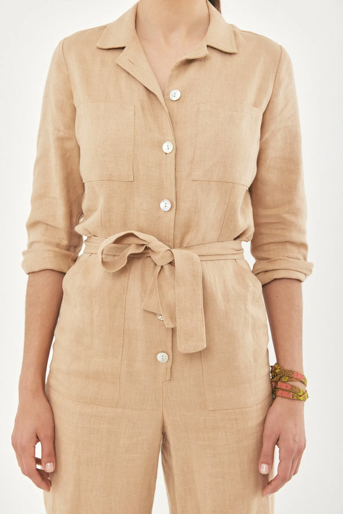 ALONA BELTED NATURAL LINEN JUMPSUIT