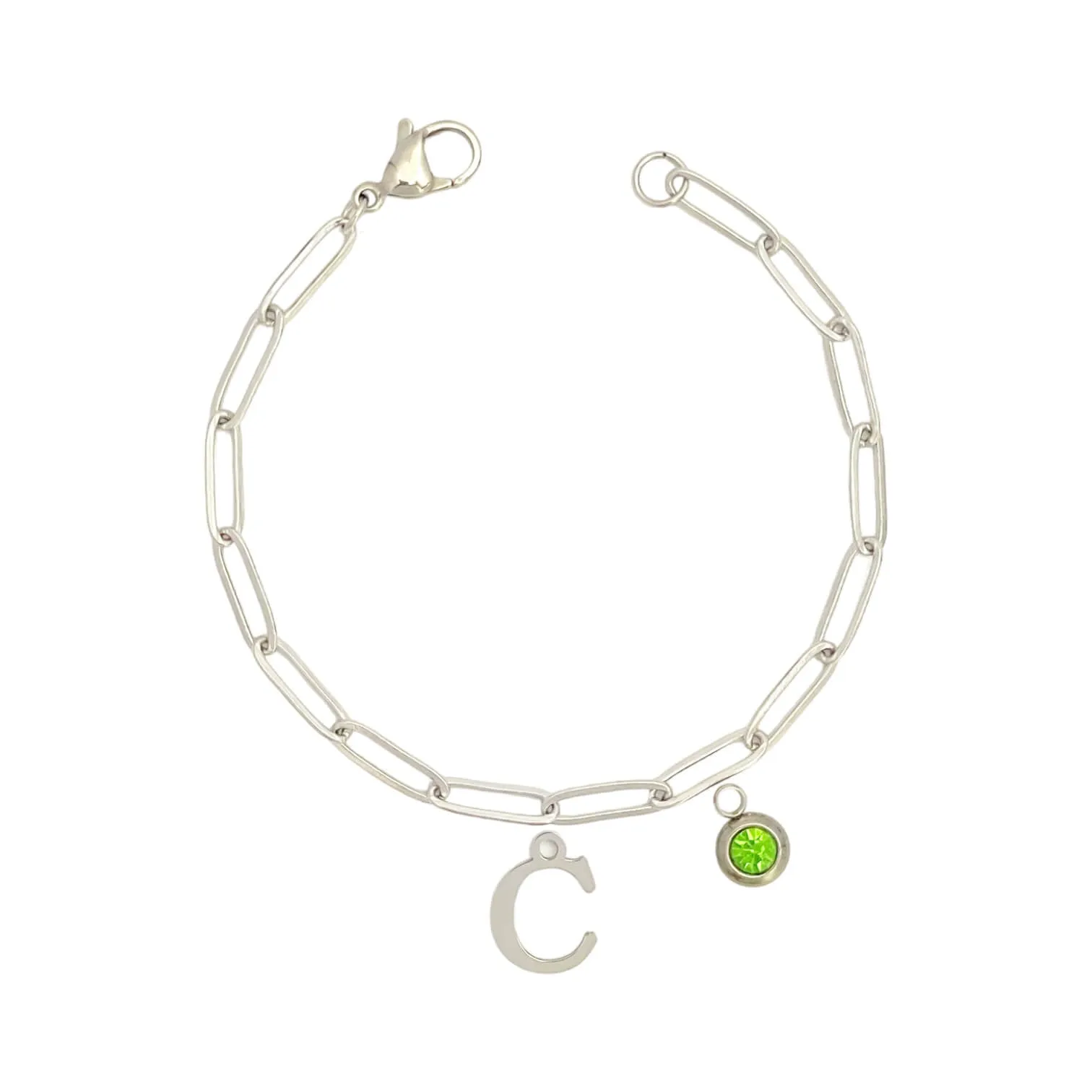 Alphabet Birthstone Paperclip Bracelet Silver (A-G)