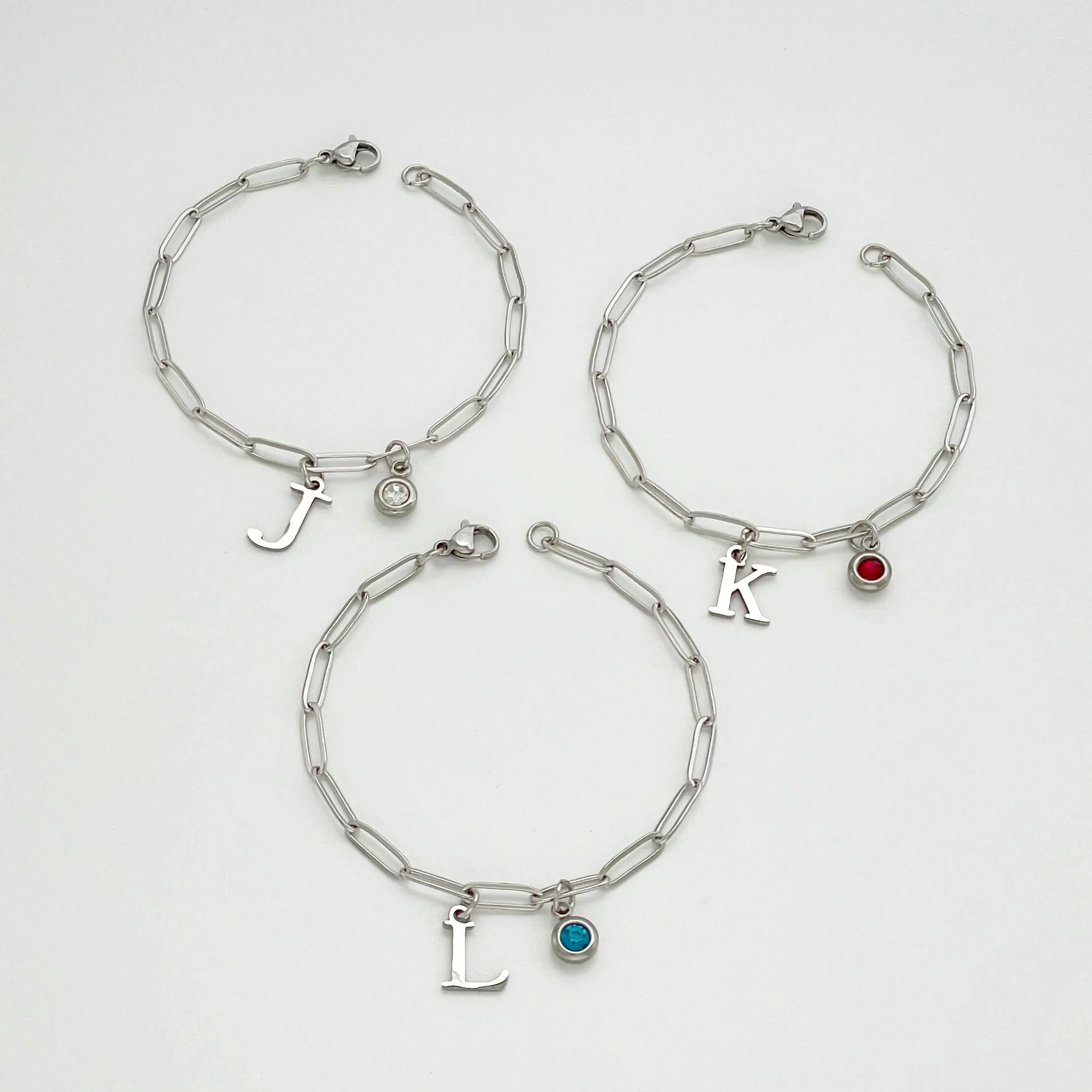 Alphabet Birthstone Paperclip Bracelet Silver (A-G)