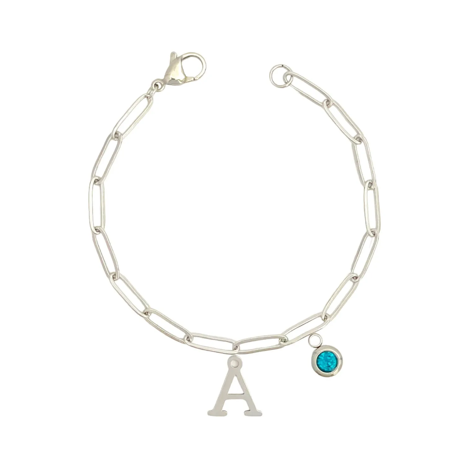 Alphabet Birthstone Paperclip Bracelet Silver (A-G)