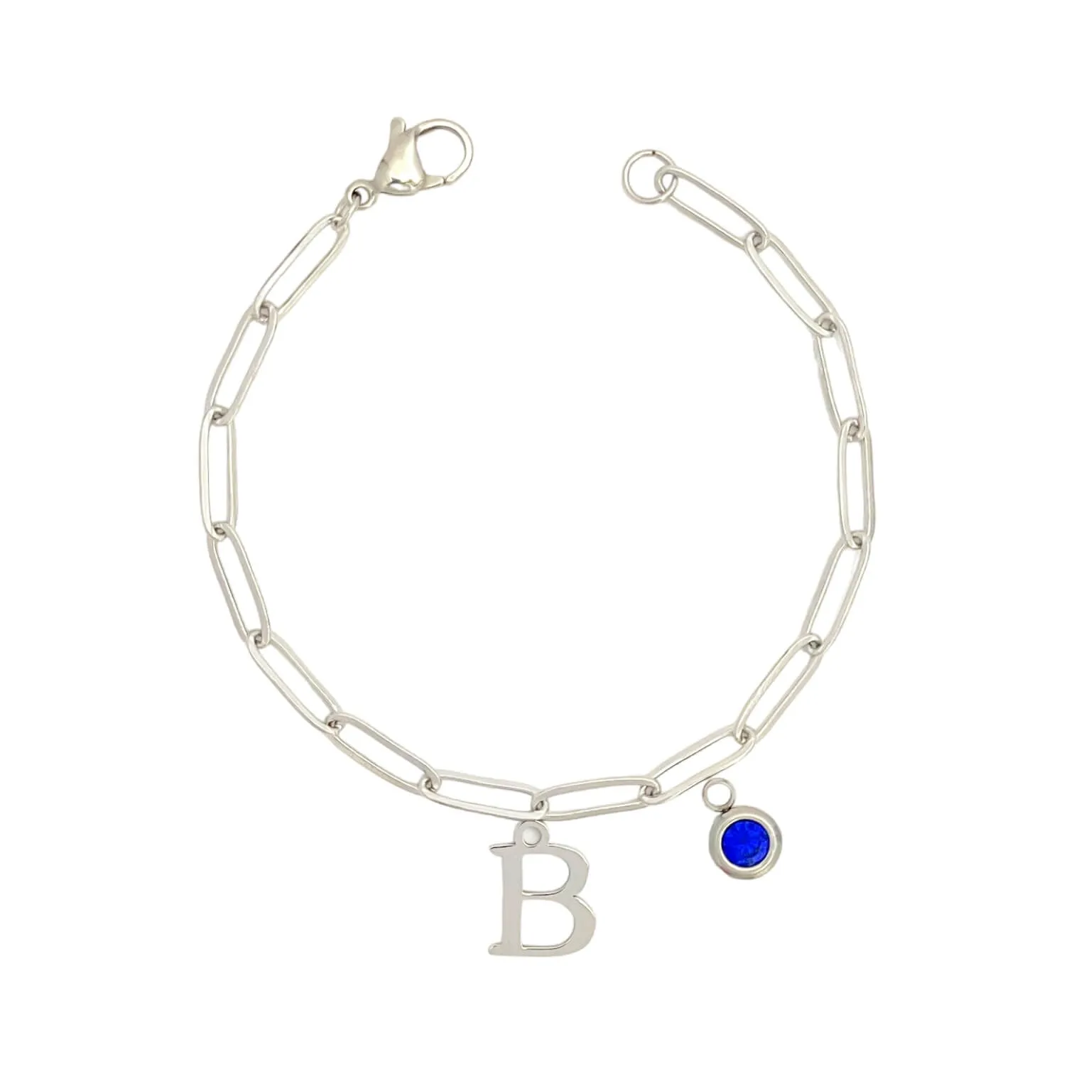 Alphabet Birthstone Paperclip Bracelet Silver (A-G)