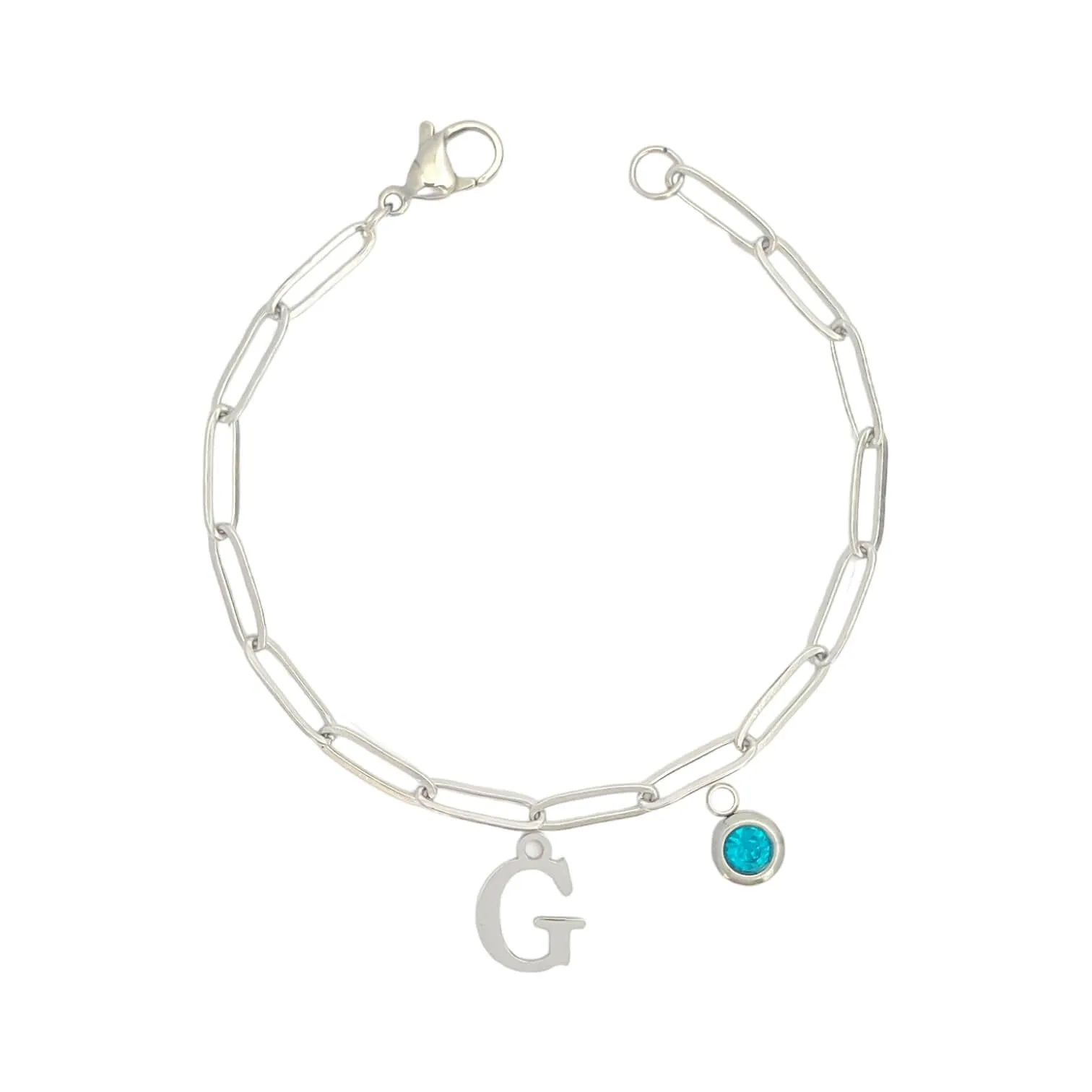 Alphabet Birthstone Paperclip Bracelet Silver (A-G)