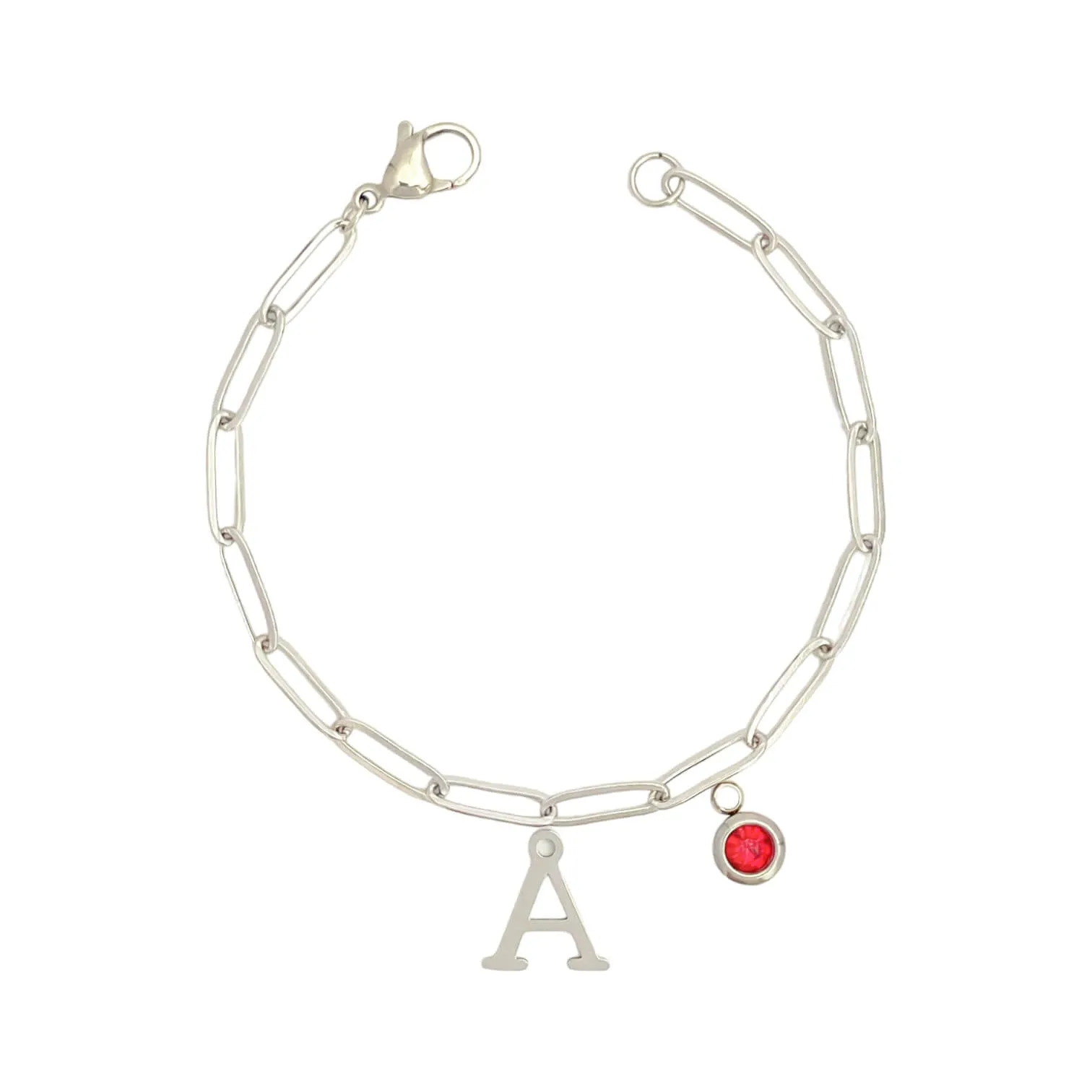 Alphabet Birthstone Paperclip Bracelet Silver (A-G)