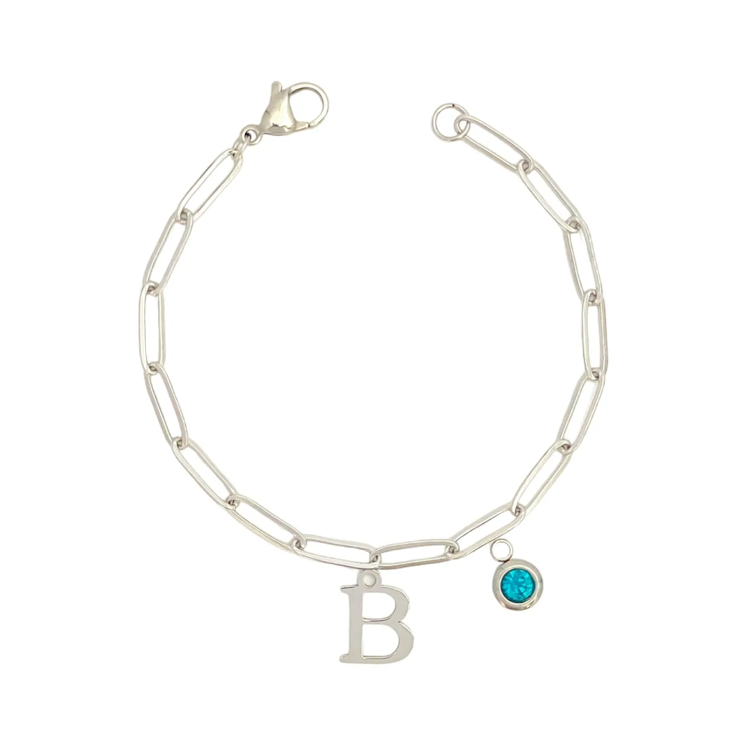 Alphabet Birthstone Paperclip Bracelet Silver (A-G)