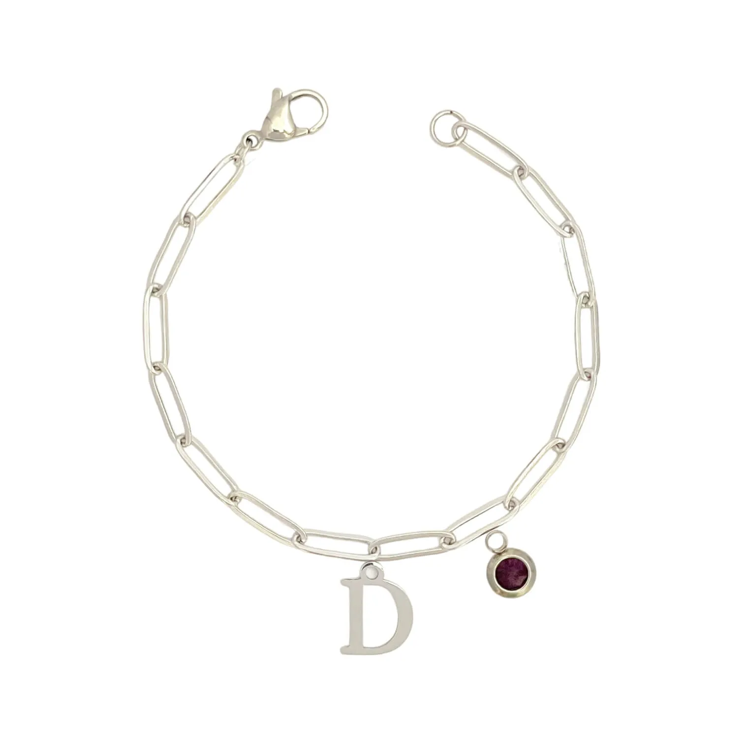 Alphabet Birthstone Paperclip Bracelet Silver (A-G)