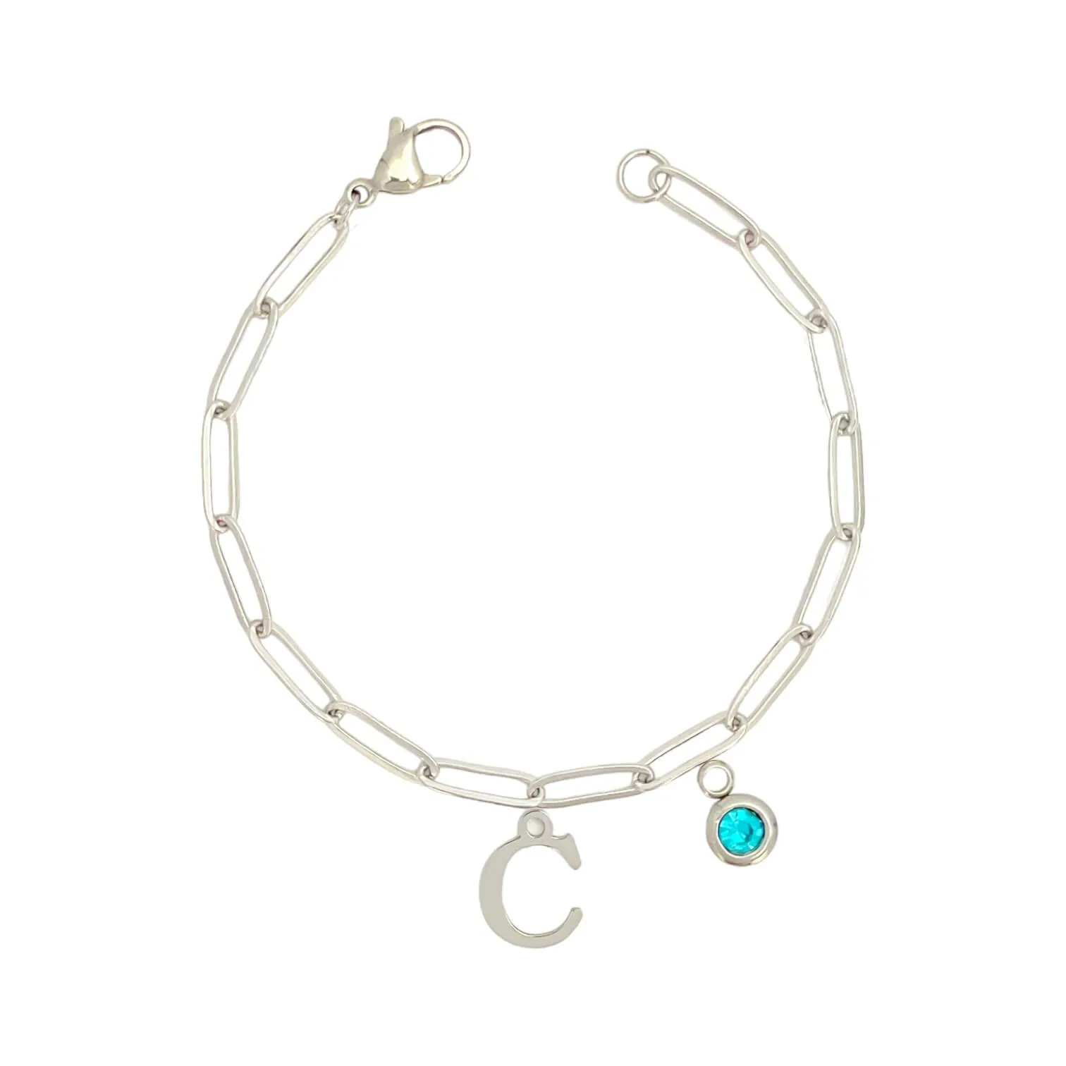 Alphabet Birthstone Paperclip Bracelet Silver (A-G)