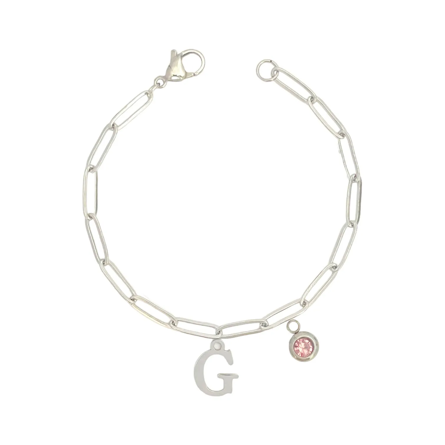 Alphabet Birthstone Paperclip Bracelet Silver (A-G)