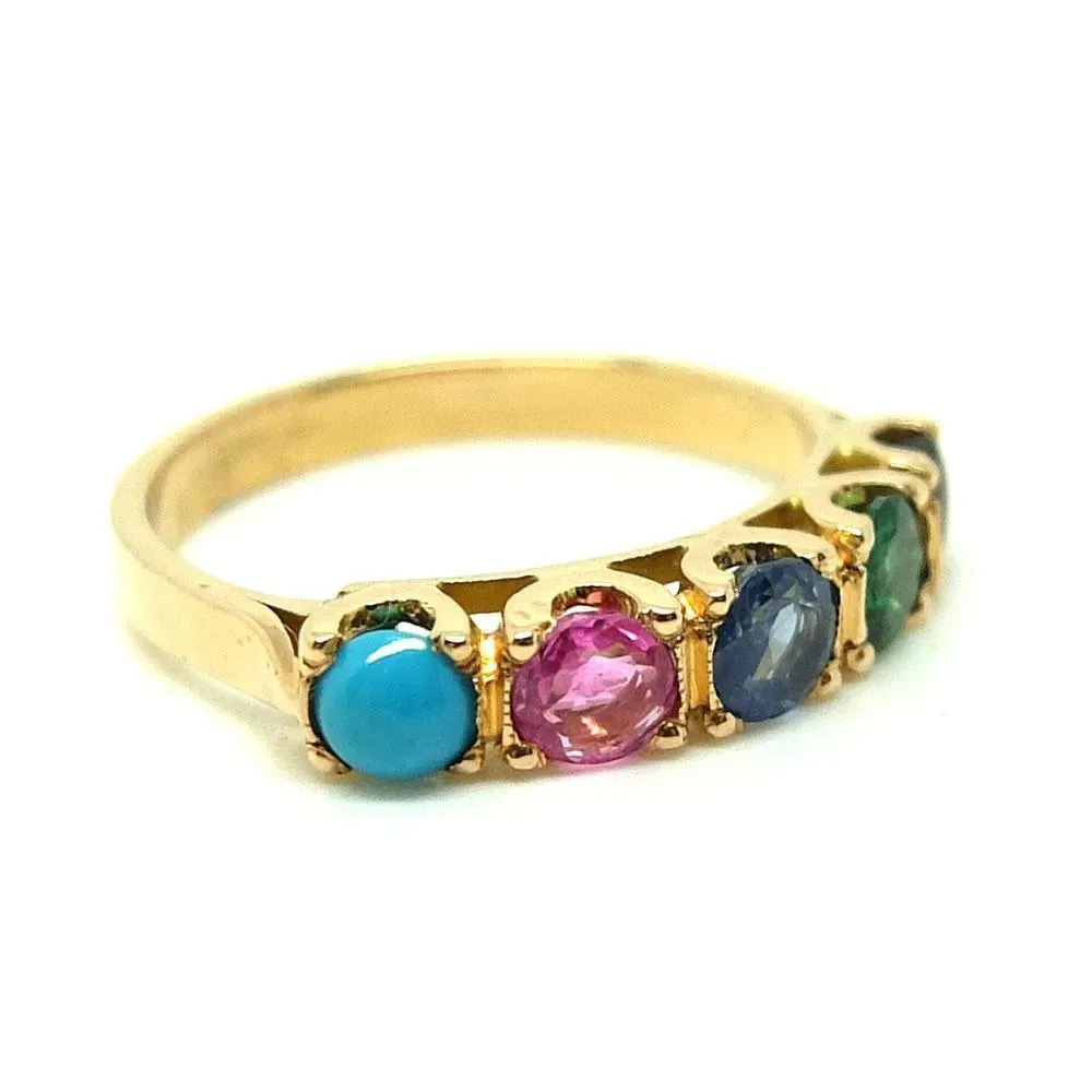 Antique 1900 French Emerald Sapphire Turquoise Gemstone 18ct Gold Ring