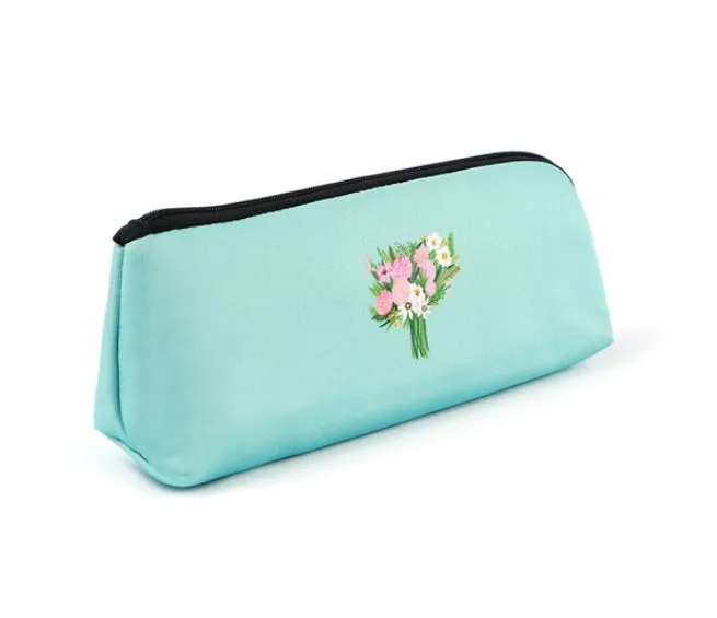 Aquamarine Pink Rose Bouquet Graphic Pencil Cases Stationery Zipper School 19cm Office Cosmetics Pouches Artists Designer Prints Gifts Bags Purses Students Girls Cute Teens Inner Pocket