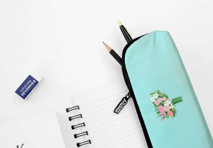 Aquamarine Pink Rose Bouquet Graphic Pencil Cases Stationery Zipper School 19cm Office Cosmetics Pouches Artists Designer Prints Gifts Bags Purses Students Girls Cute Teens Inner Pocket