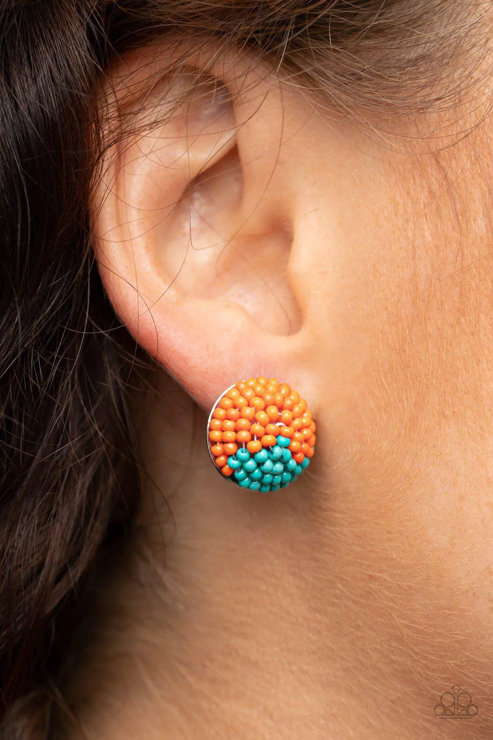 As Happy As Can BEAD Orange and Turquoise Seed Bead Post Earrings - Paparazzi Accessories