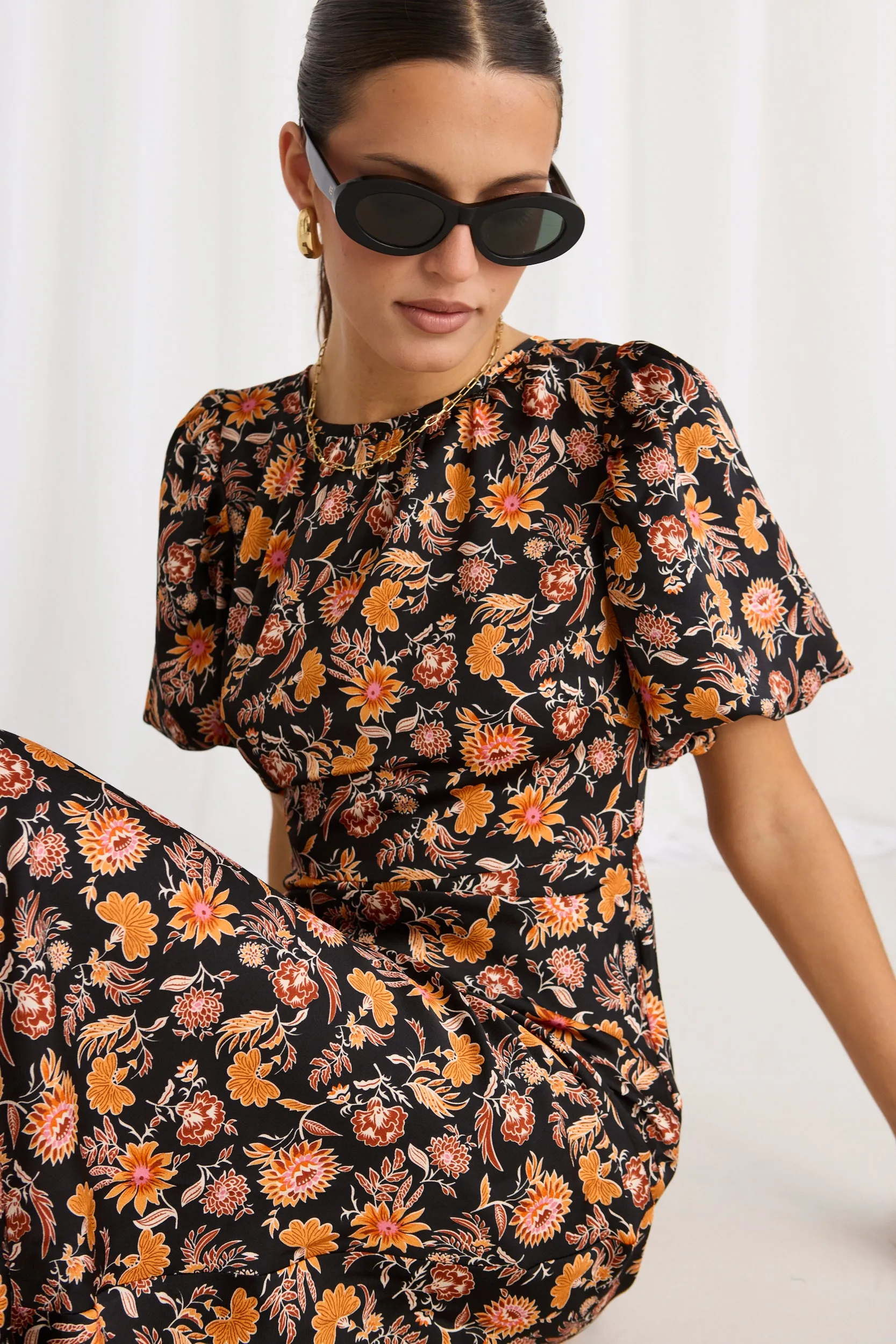 Astrid Black Floral Satin Puff Sleeve Bias Maxi Dress