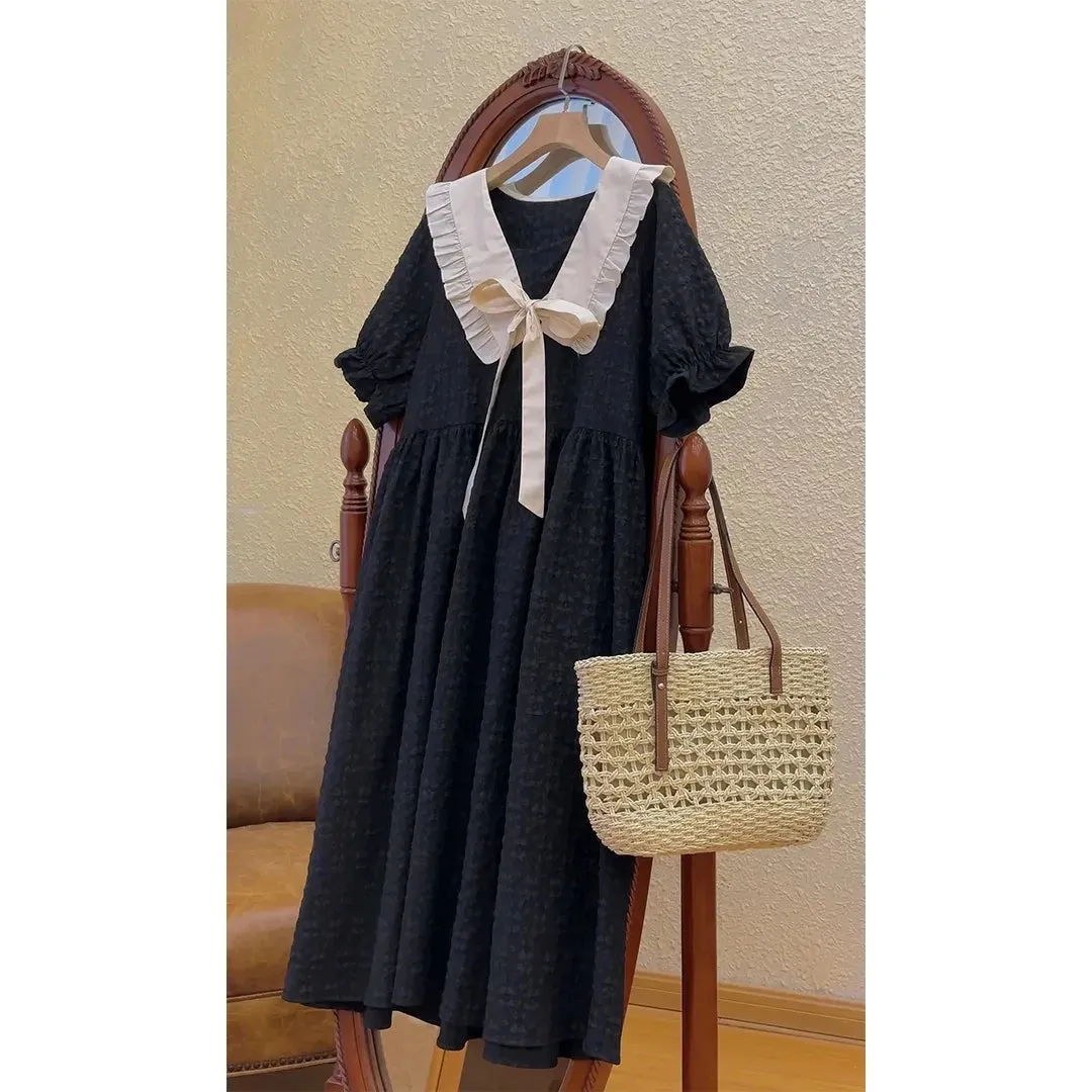 Autumn Kawaii Black Midi Dress Women Vintage French School Peter Pan Collar Puff Sleeve School Dresses Fashion