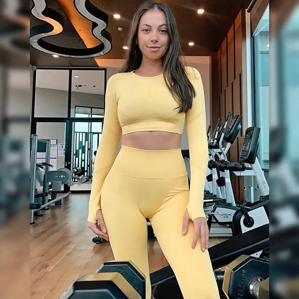 Autumn New Women Seamless Yoga Suit Two Piece Set Tracksuit Long Sleeve Shirts Top Fitness Leggings Pants Running Outfits