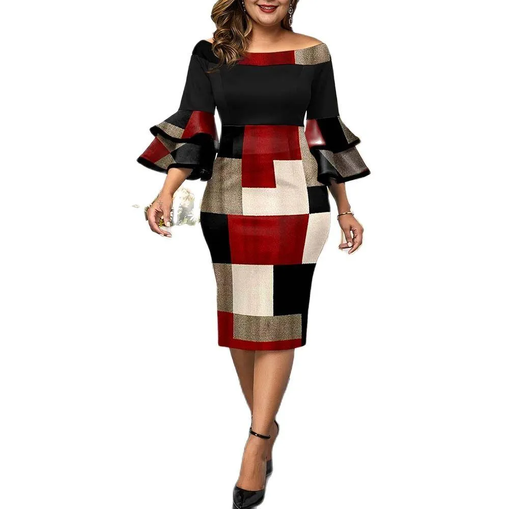 Autumn Plus Size Women's Geometric Print Layered Bell Sleeves Party Dress