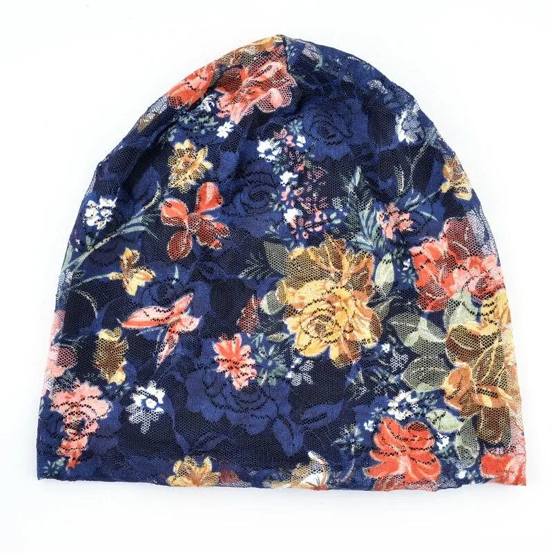 Autumn Winter Floral Printed Thin Beanie Caps for Women