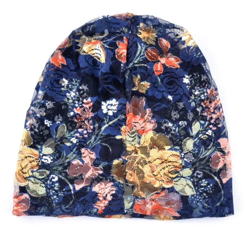 Autumn Winter Floral Printed Thin Beanie Caps for Women